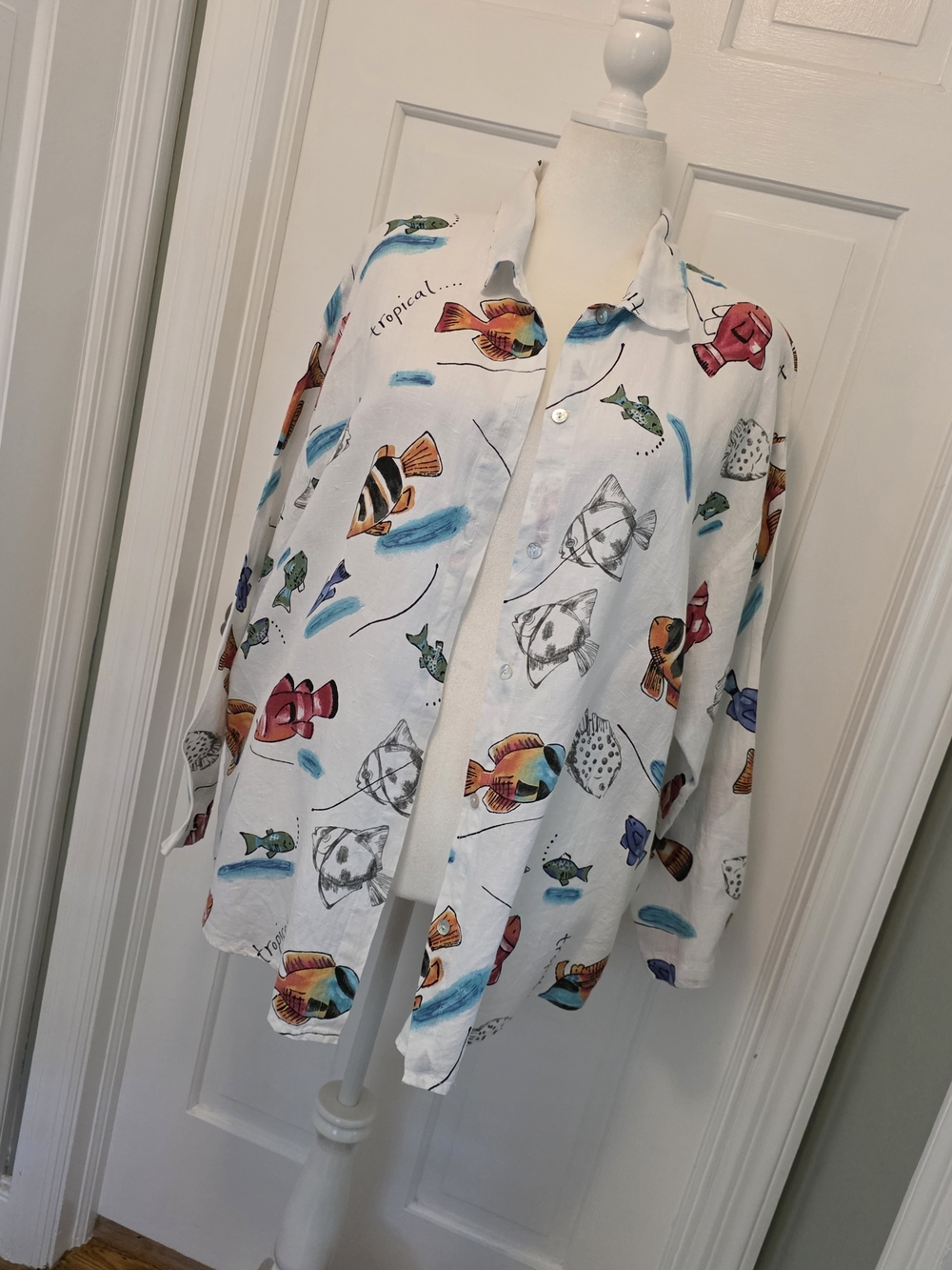 White Tropical Fish Print Button-Up Blouse